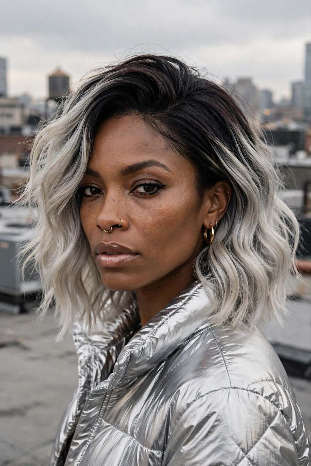 Beautiful woman with black to silver blonde transformation, dramatic black to silver, edgy light.