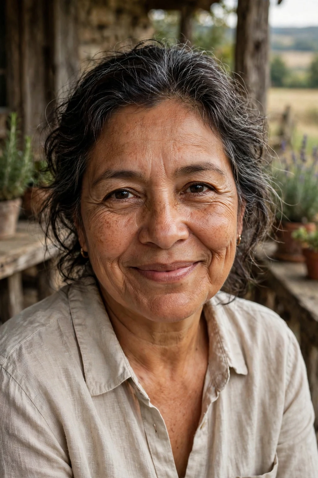 Beautiful woman with dark hair and blended salt and pepper, natural salt-and-pepper blend, authentic light.