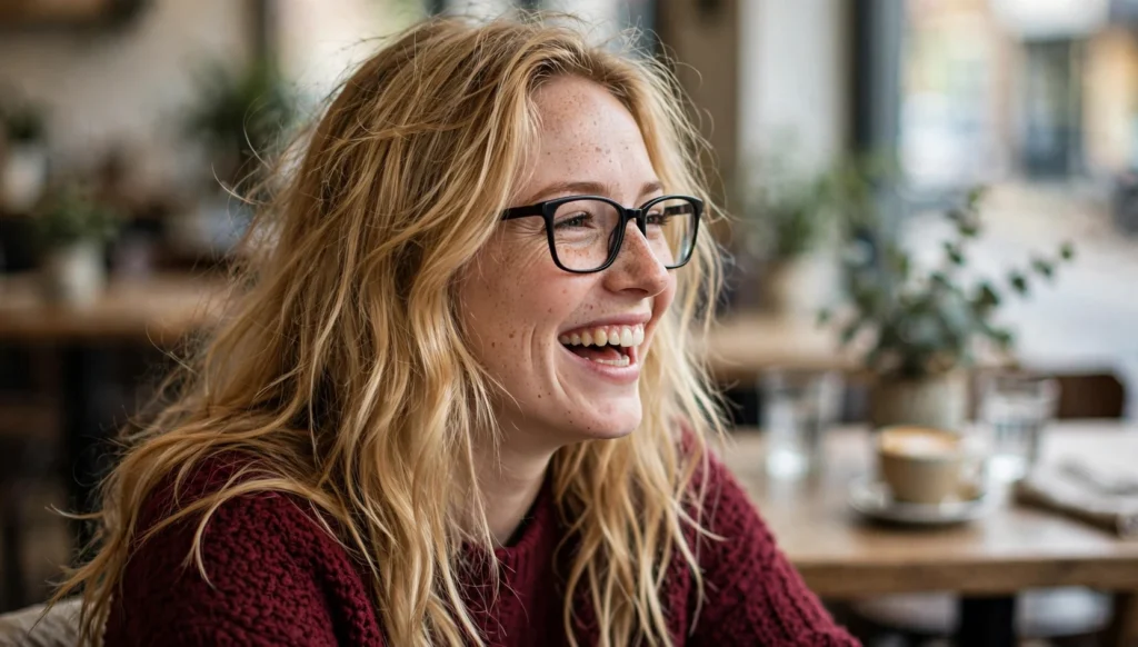 Young blonde woman in her late 20s with stylish black glasses, laughing in a cozy cafe.