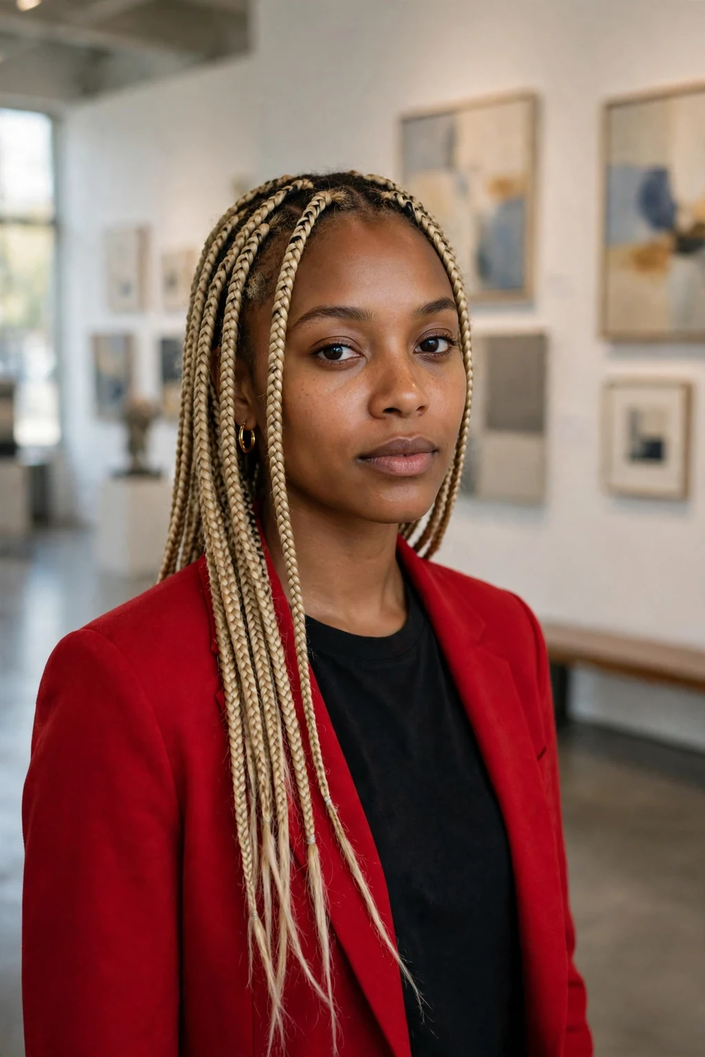 Young woman with full blonde knotless box braids, posing in an art gallery wearing a red blazer.