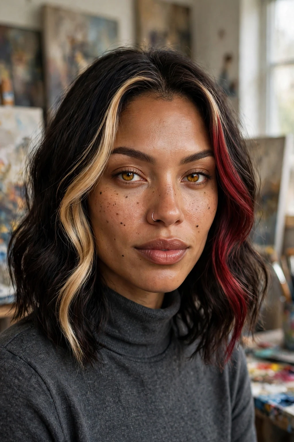 Young mixed-race woman in her late 20s with dark hair and blonde and burgundy money-piece highlights framing her face, in an art studio wearing a charcoal turtleneck.