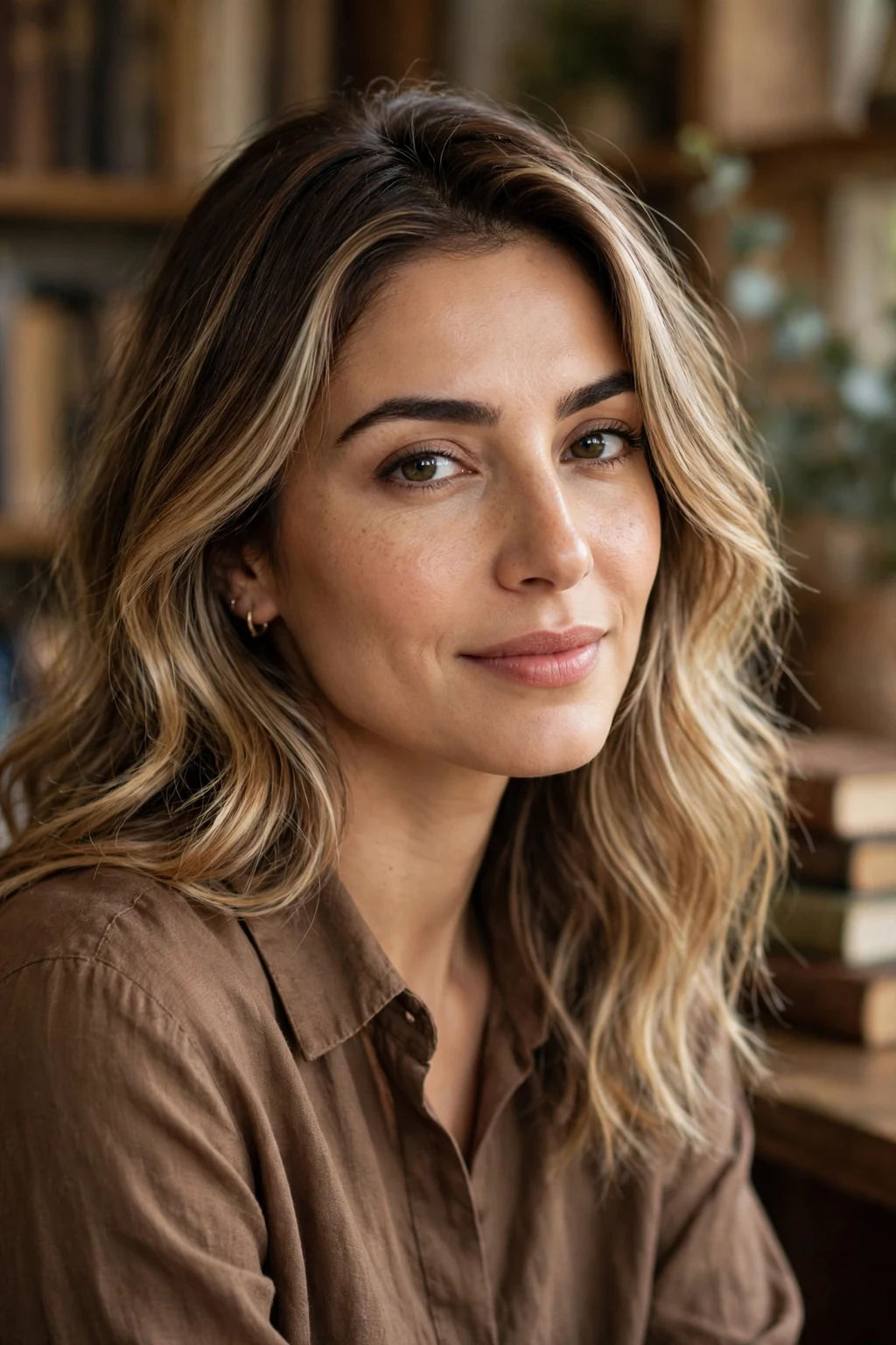 Beautiful woman with blonde to bronde transformation, bright blonde to bronde, soft light.