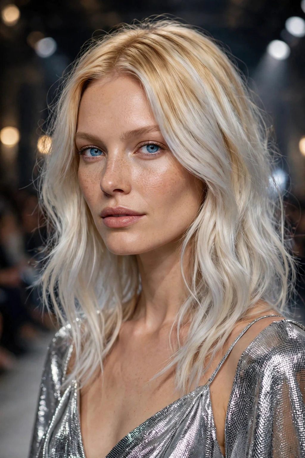 Beautiful woman with blonde to platinum transformation, golden to icy platinum, striking light.