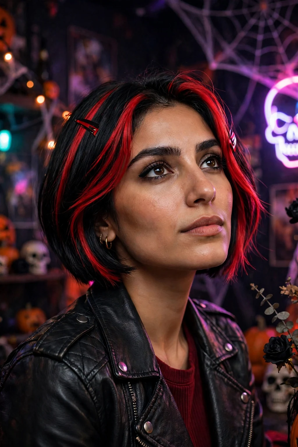 Young woman with a short black bob with bold blood-red clip-in streaks, wearing a black leather jacket at a rock-themed Halloween party.