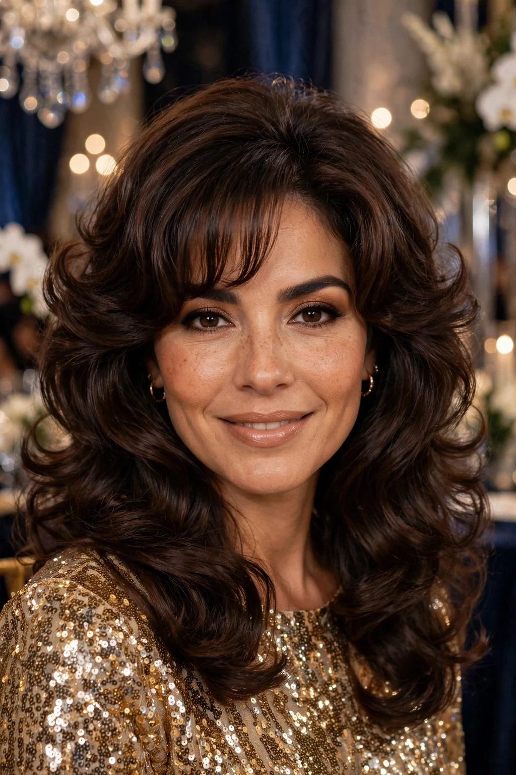 Beautiful woman with curtain bangs and blowout, bouncy blowout with bangs, glamorous light.