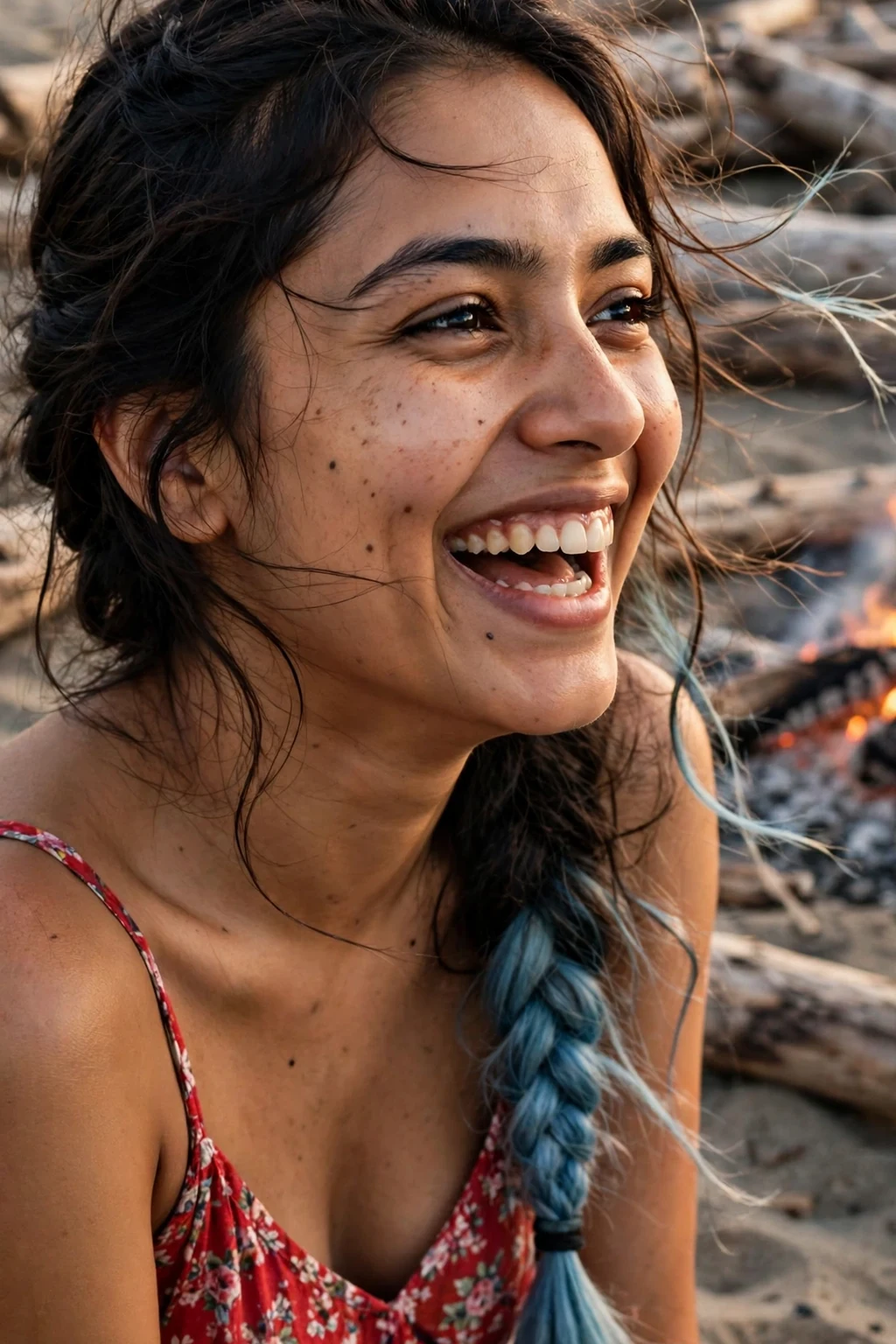 Young woman with a blue ombre boho side braid at a beachside summer festival.
