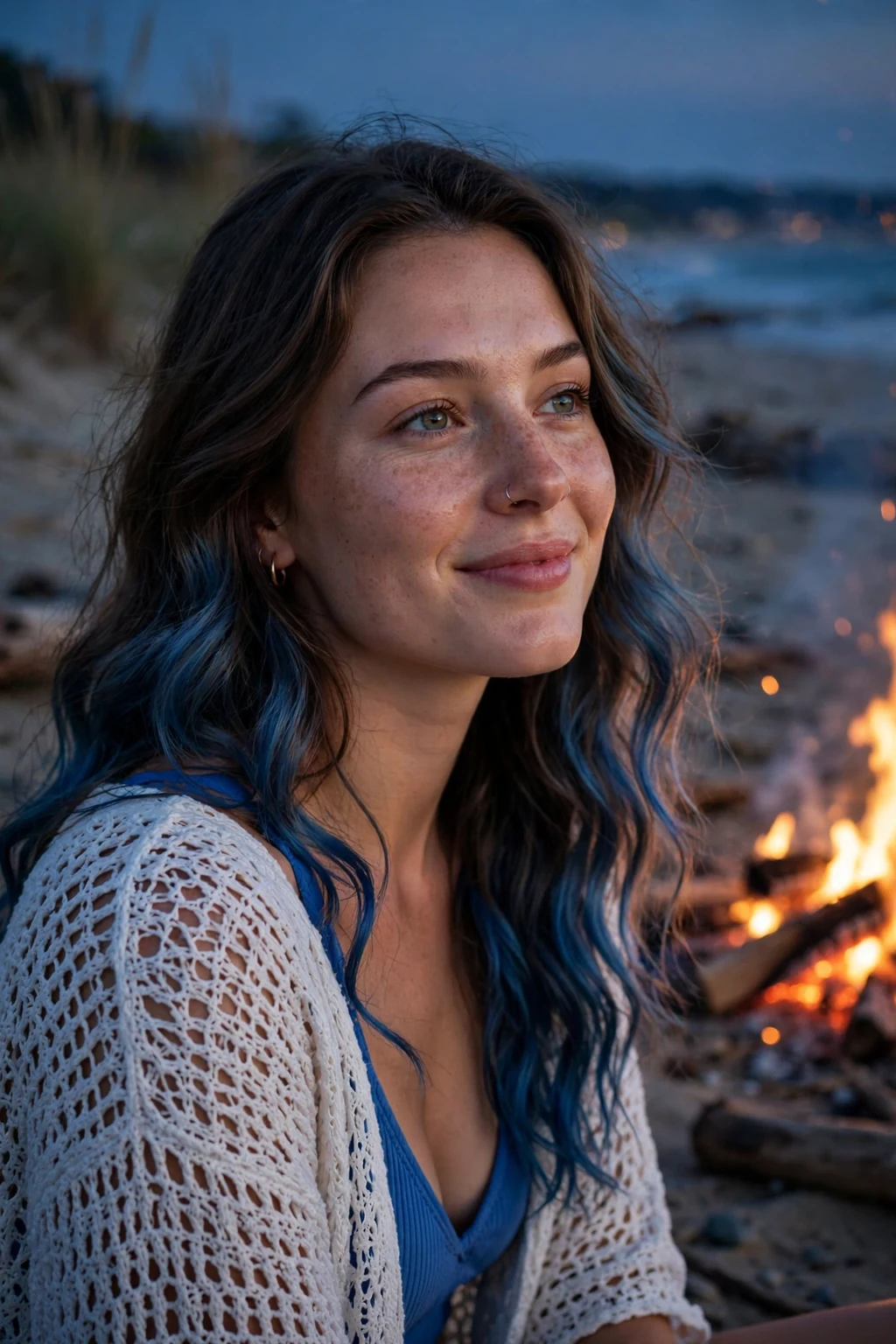 Young woman with blue-tipped mermaid waves at a beach bonfire.