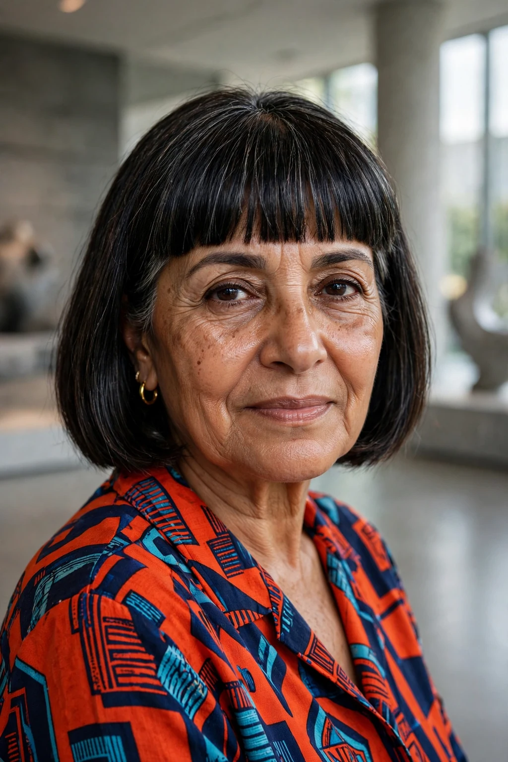 Beautiful older woman with blunt bangs, bold blunt bangs, striking light.
