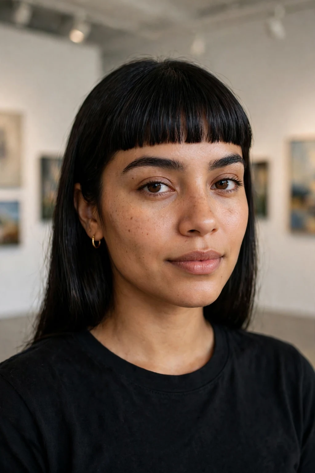 Beautiful woman with blunt bangs, bold blunt bangs, striking light.
