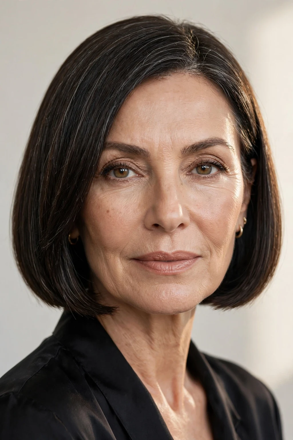 Elegant woman over 50 with blunt bob, sharp clean ends, bold light.