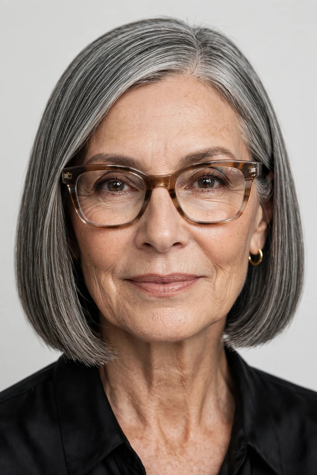 Elegant woman over 60 with glasses and blunt bob, sharp clean ends, bold light.