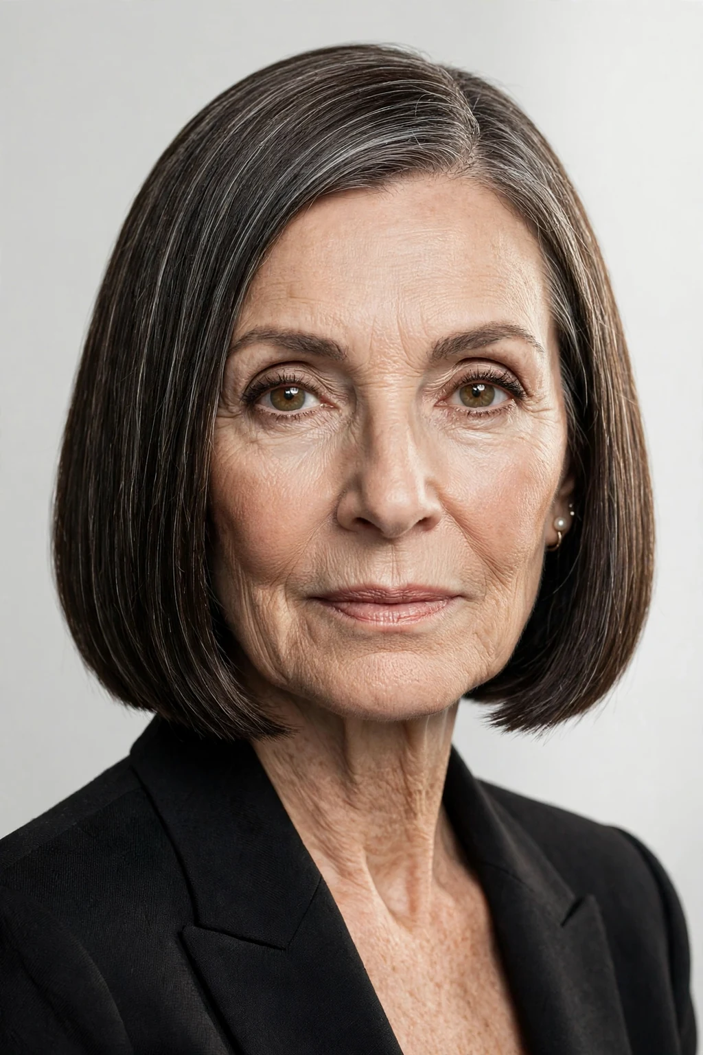Elegant woman over 60 with blunt bob, sharp clean ends, bold refined light.