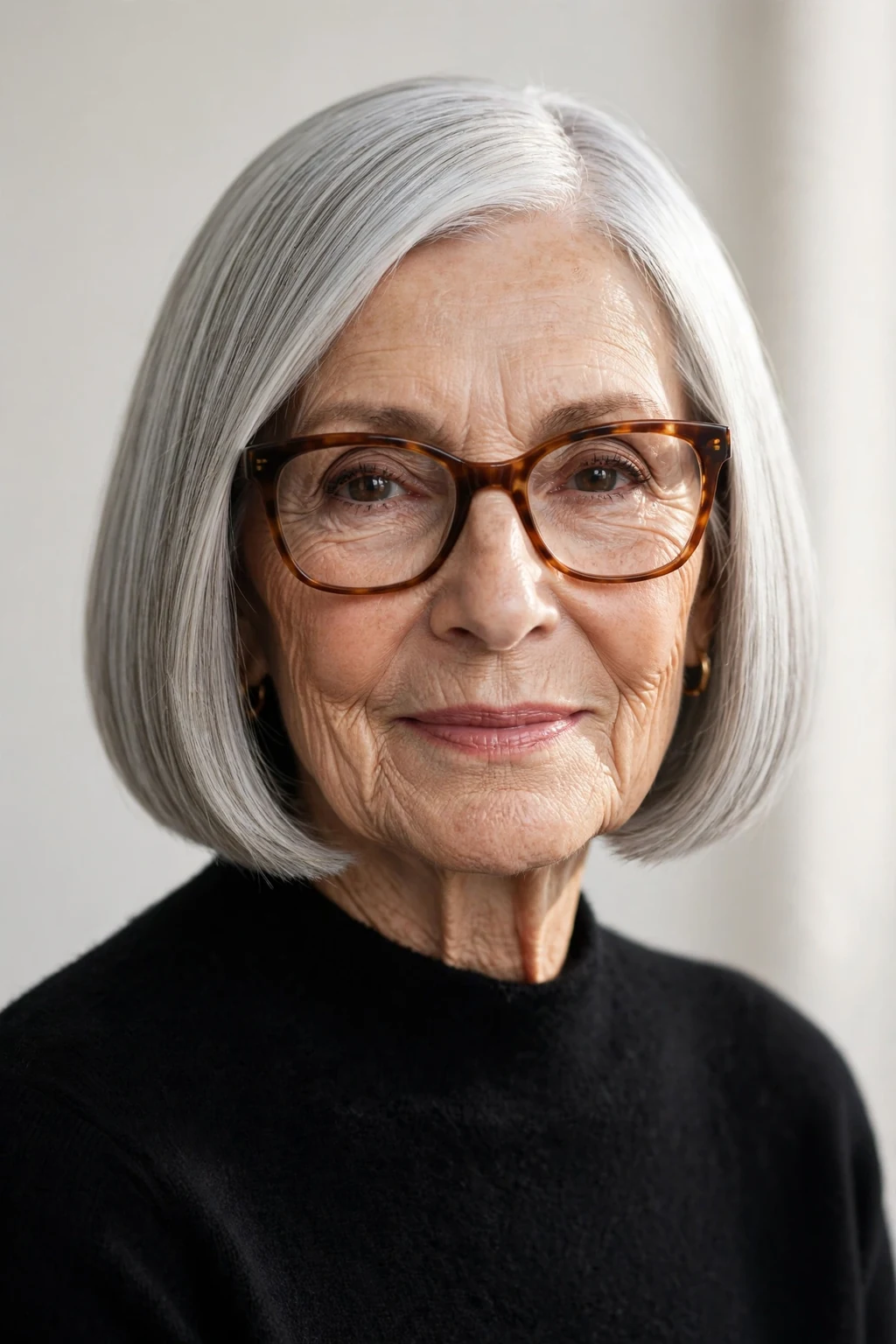 Elegant woman over 70 with glasses and blunt bob, sharp clean ends, bold light.