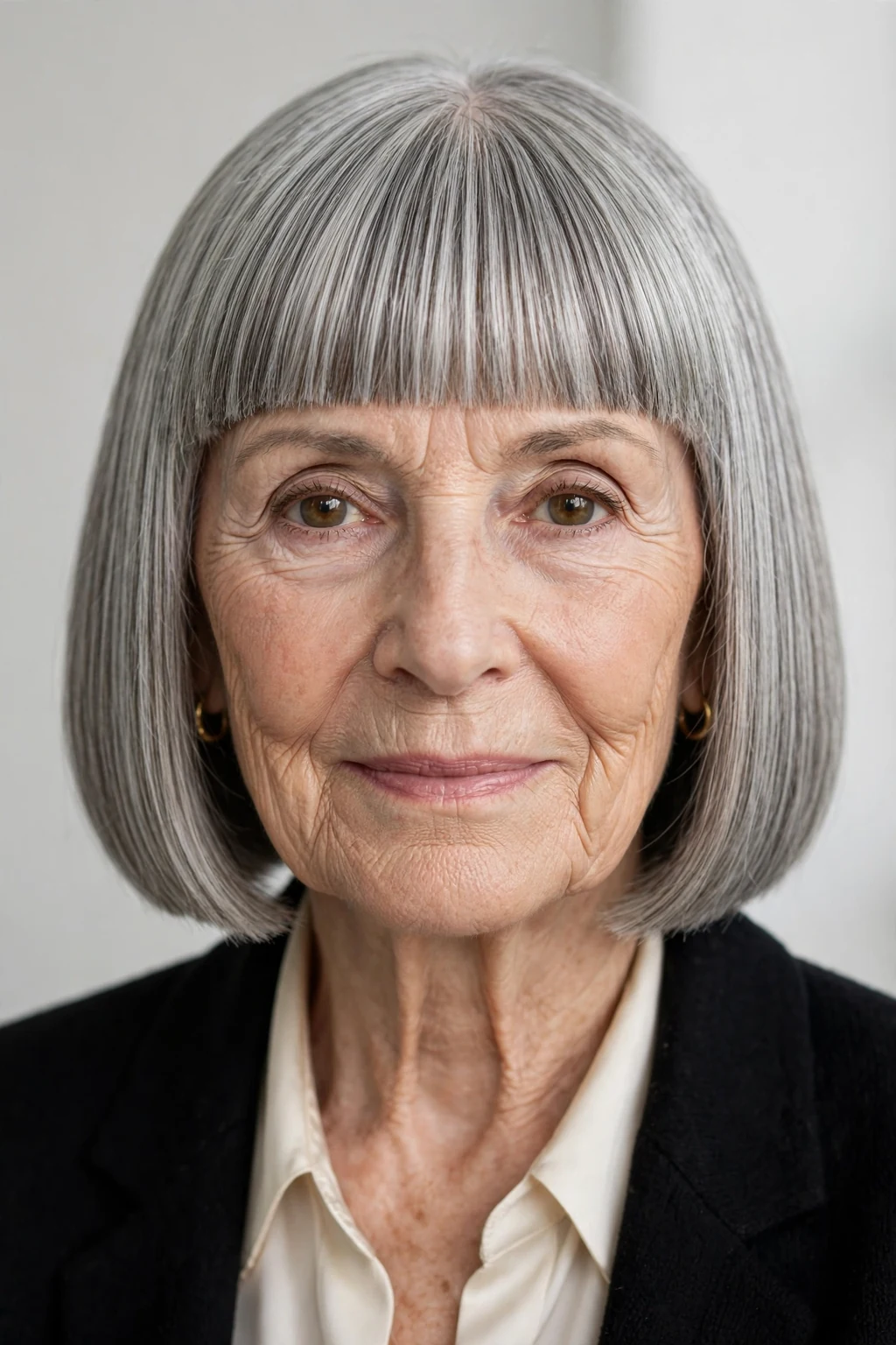 Elegant woman over 70 with blunt bob, sharp clean ends, bold light.