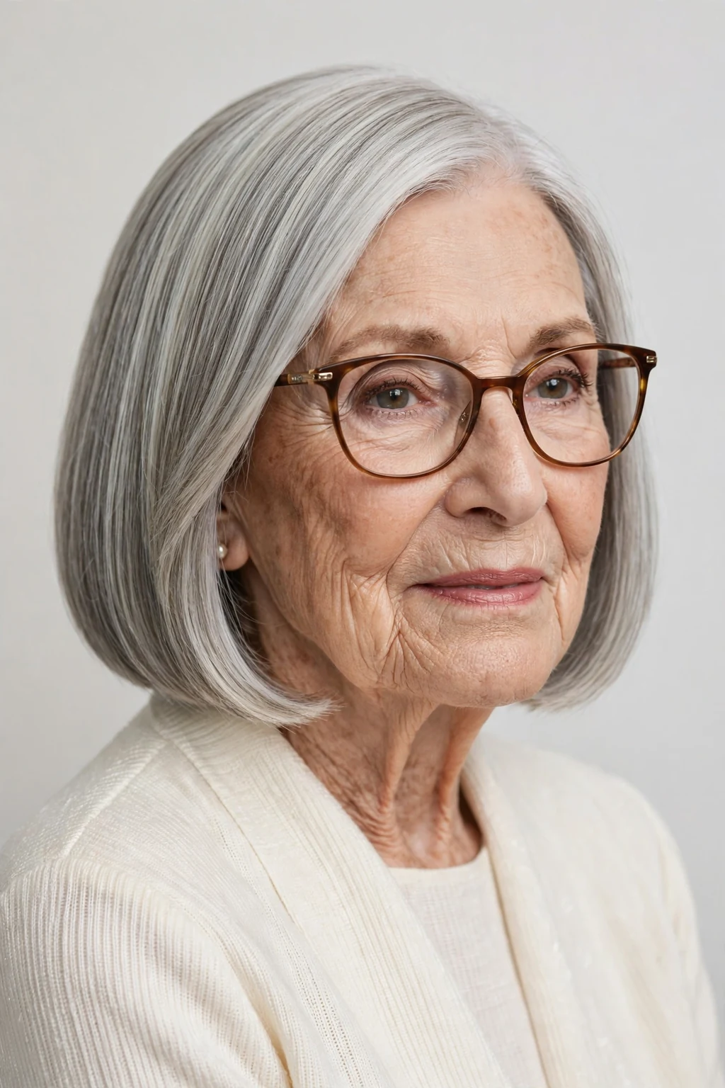 Elegant woman over 80 with glasses and blunt bob, sharp clean ends, bold light.