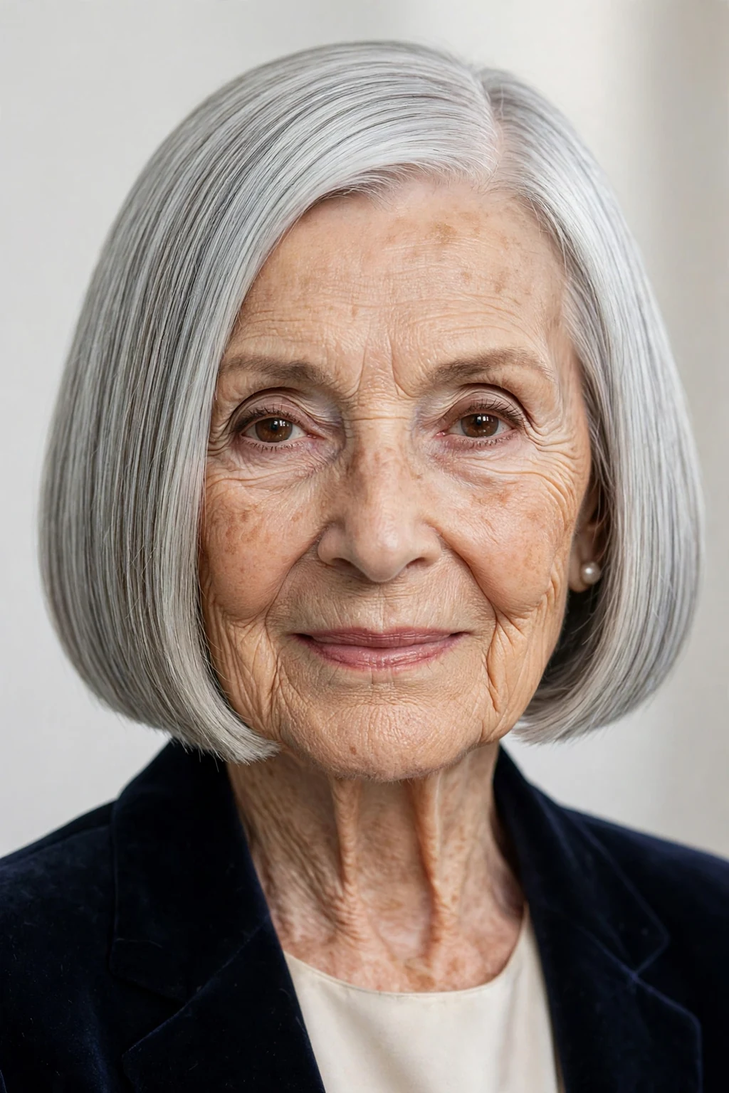 Elegant woman over 80 with blunt bob, sharp clean ends, bold light.