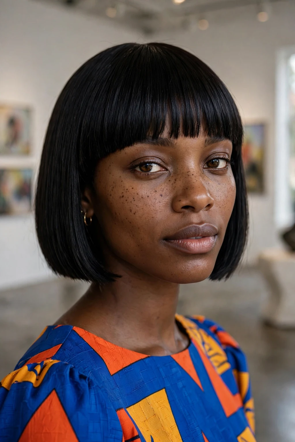 Beautiful woman with blunt bob bangs, bold blunt bob bangs, striking light.