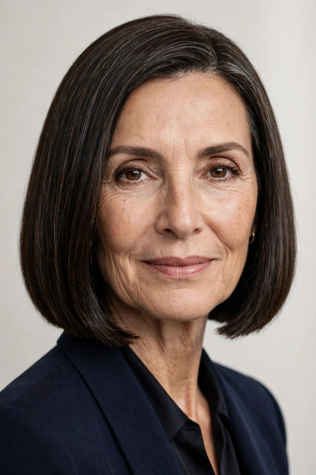 Elegant woman over 50 with blunt bob, sharp clean ends, bold light.