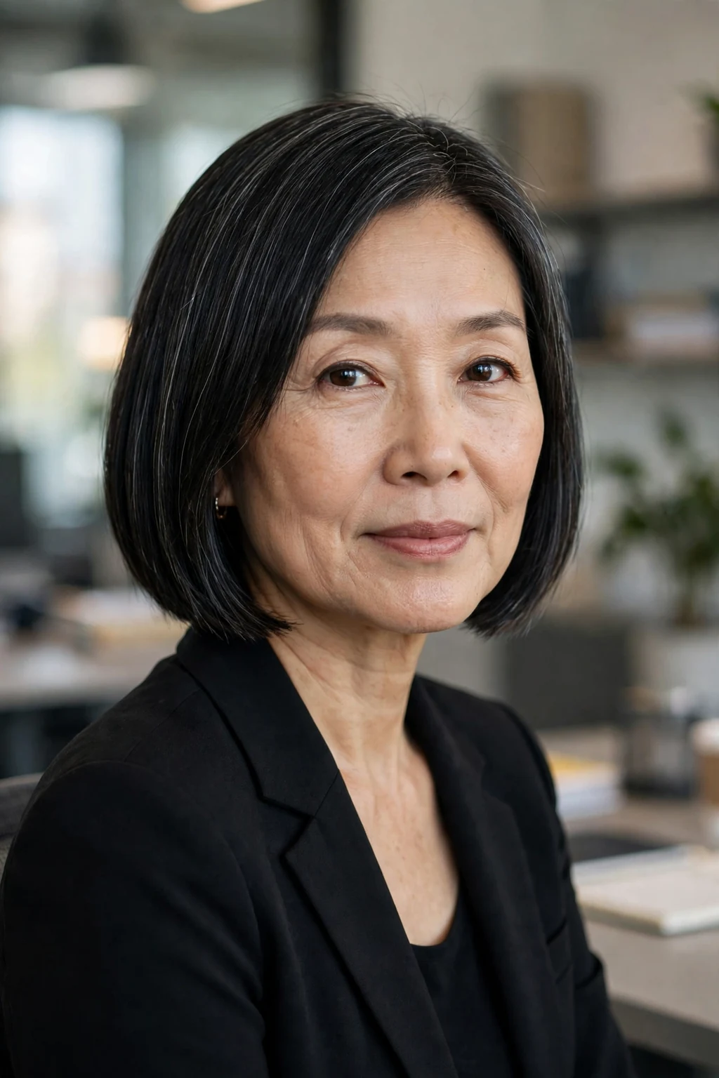 Beautiful older woman with blunt bob wash-and-wear, sharp blunt bob, modern light.