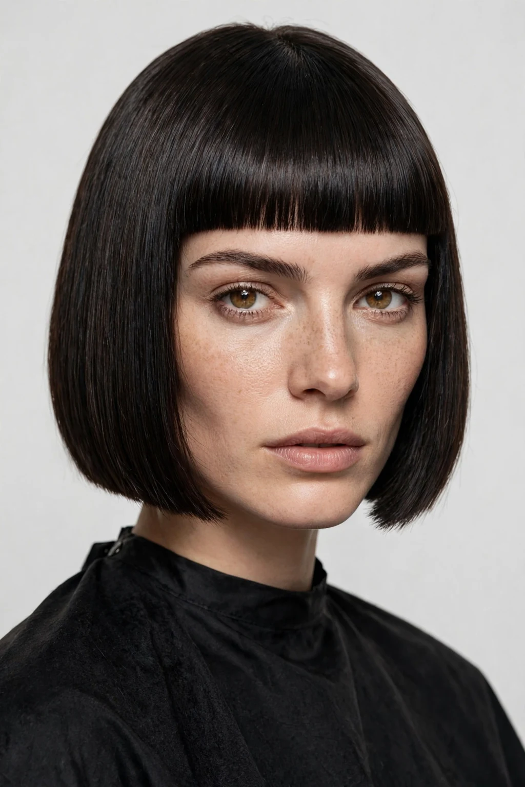 Woman with blunt bob and blunt bangs, sharp precise lines, bold studio light.