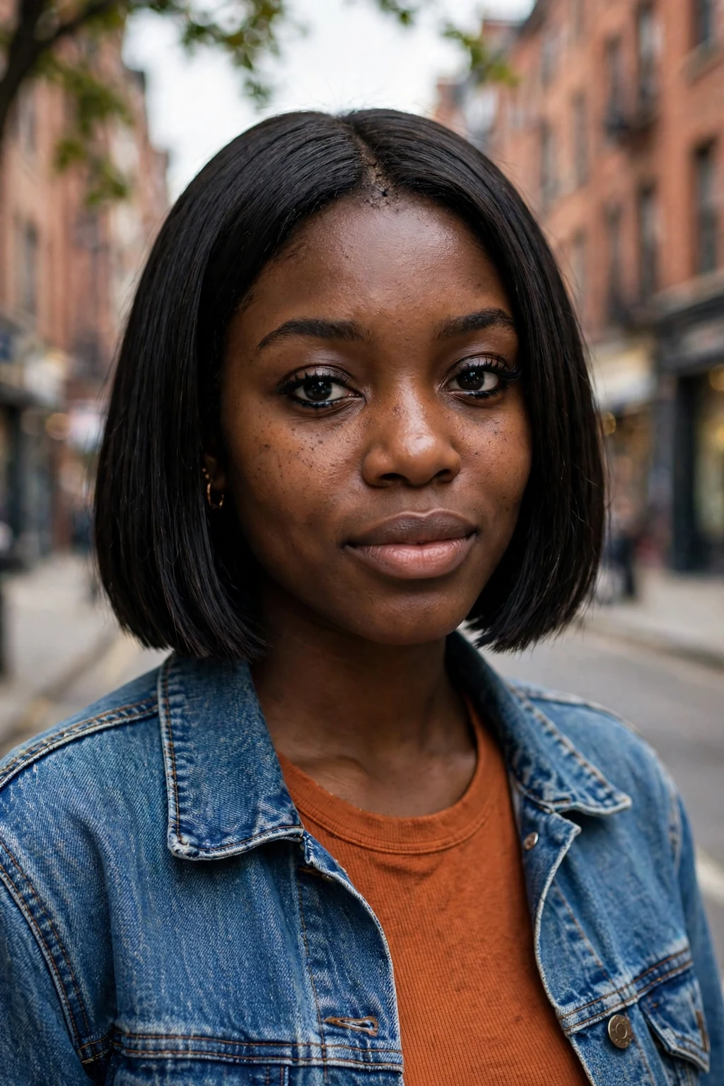 Young woman with a blunt chin-length bob, sharp even ends, wearing a denim jacket on a city street.