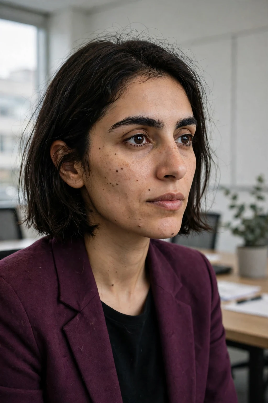 Young professional woman with a blunt chin-length bob hairstyle, wearing professional attire in an office setting.