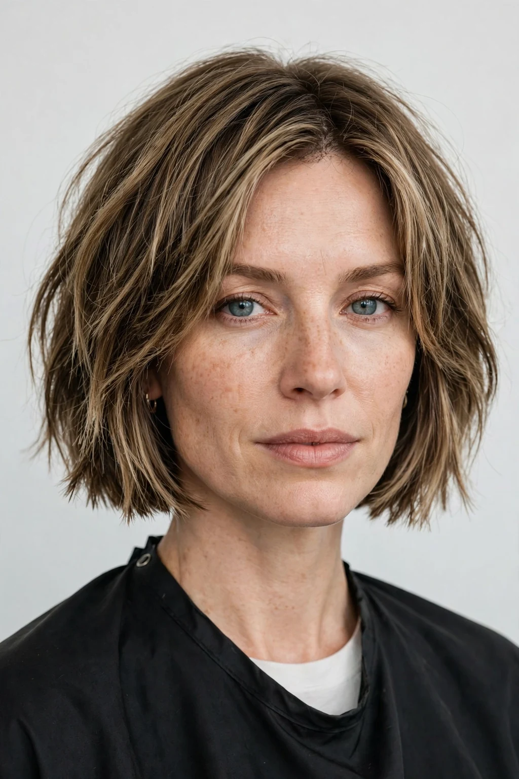 Woman with blunt-end choppy bob, sharp baseline with textured interior layers, crisp lighting.