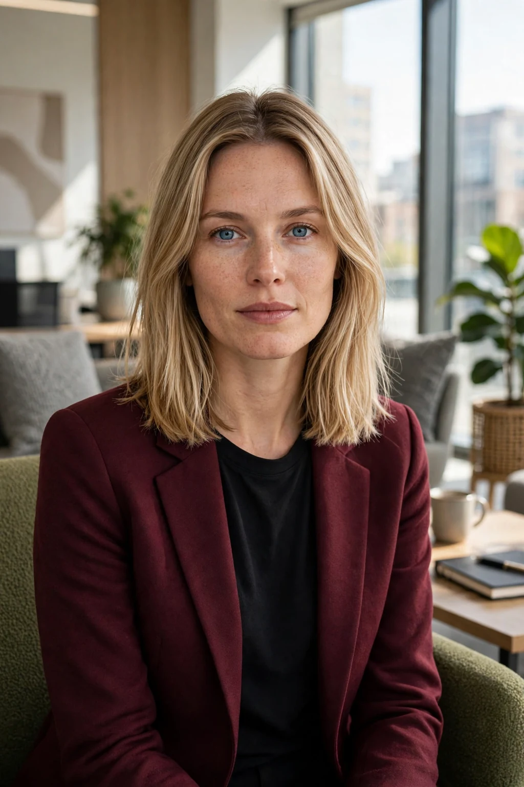 Young woman with blunt ends and soft medium layers, sitting in a modern office wearing a burgundy blazer.