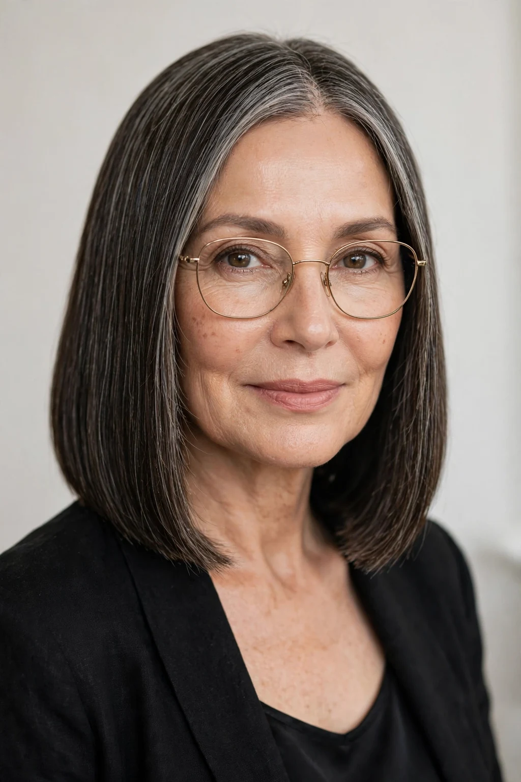Elegant woman over 50 with glasses and blunt lob, sharp modern shoulder-length cut, bold light.