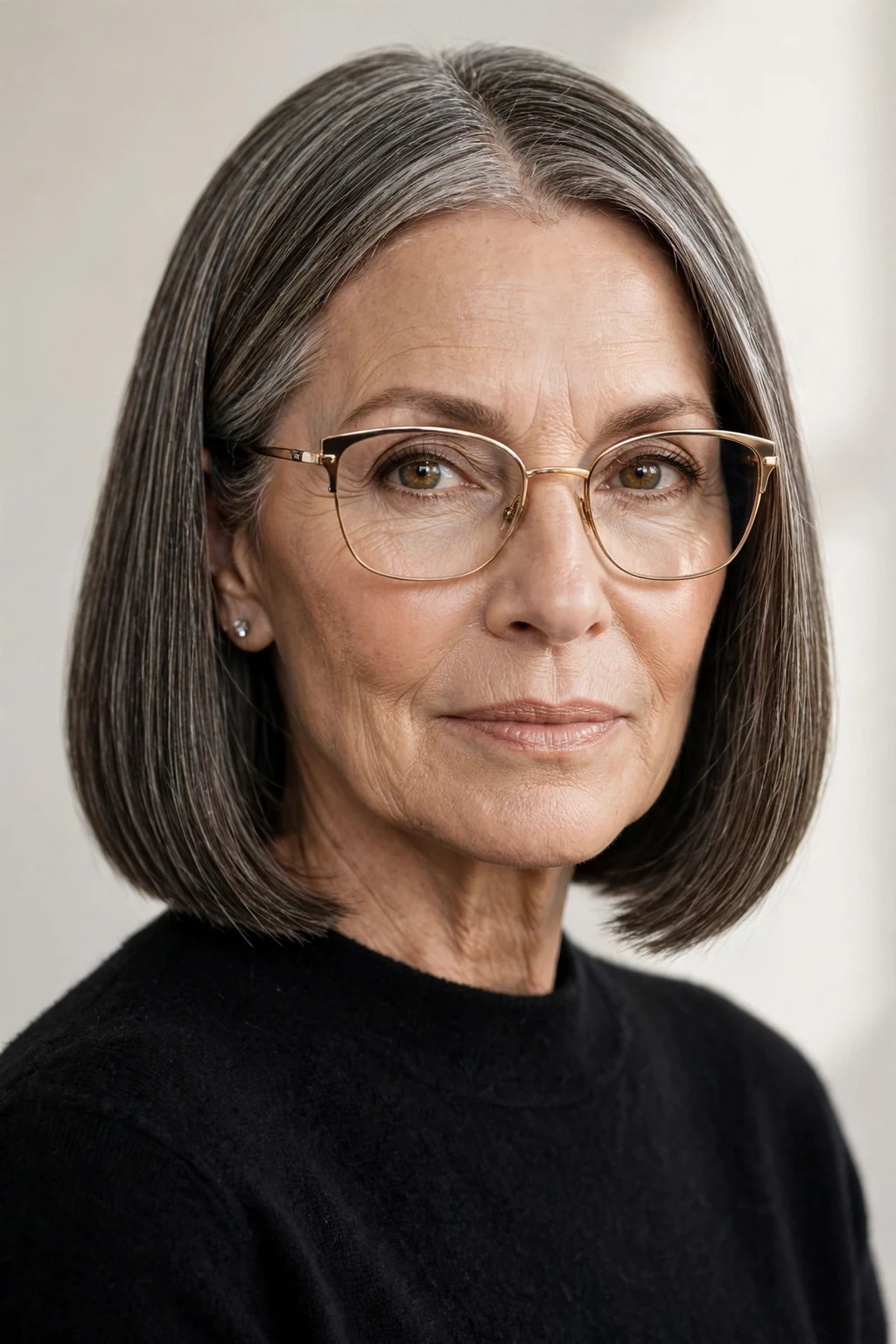Elegant woman over 60 with glasses and blunt lob, sharp modern shoulder-length cut, bold light.