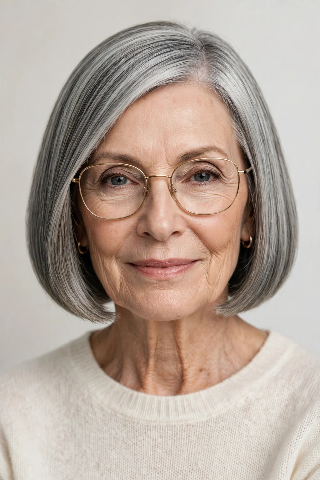 Elegant woman over 70 with glasses and blunt lob, sharp modern shoulder-length cut, bold light.