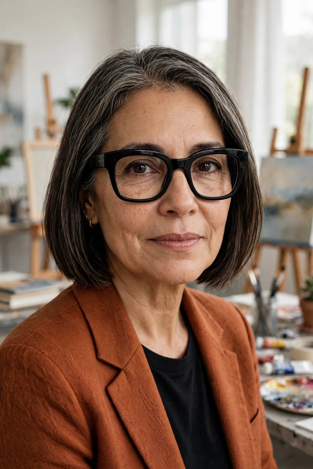 Elegant older woman over 50 with fine hair and glasses and blunt lob, sharp modern shoulder-length cut, bold light.
