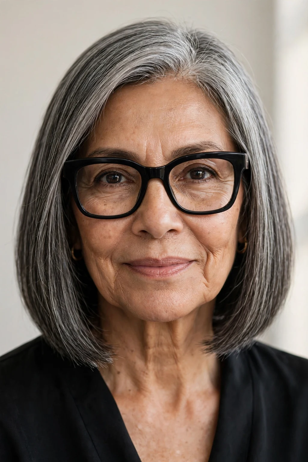 Elegant woman over 60 with fine hair and glasses and blunt lob, sharp modern shoulder-length cut, bold light.
