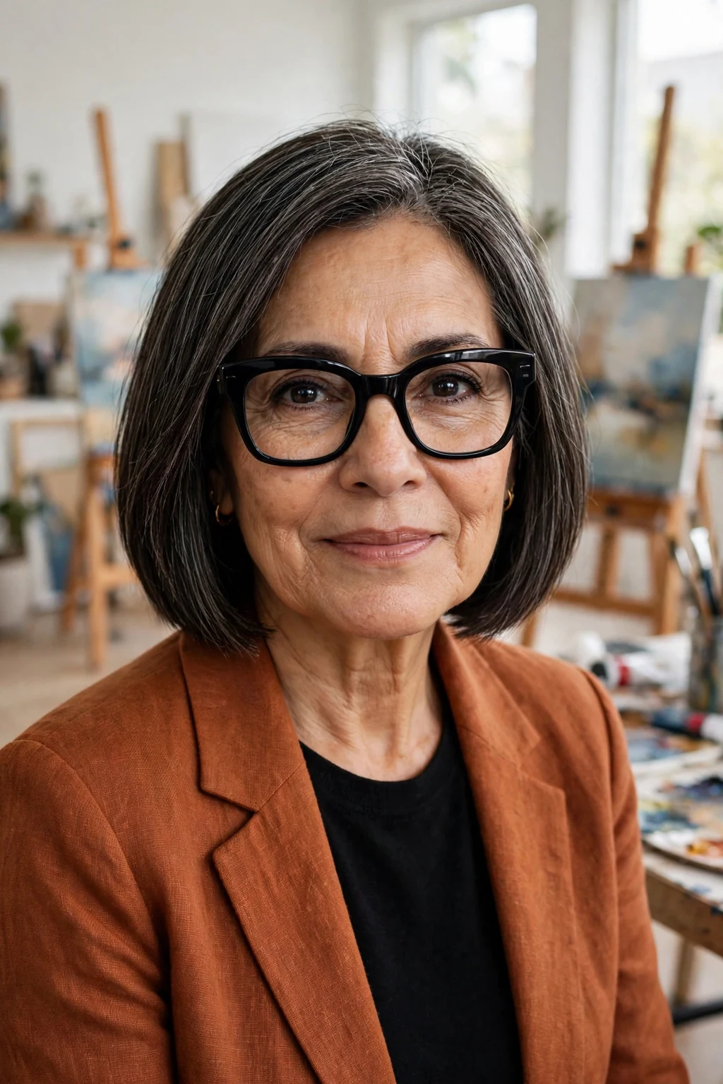 Elegant woman over 60 with fine hair and glasses and blunt lob, sharp modern shoulder-length cut, bold light.