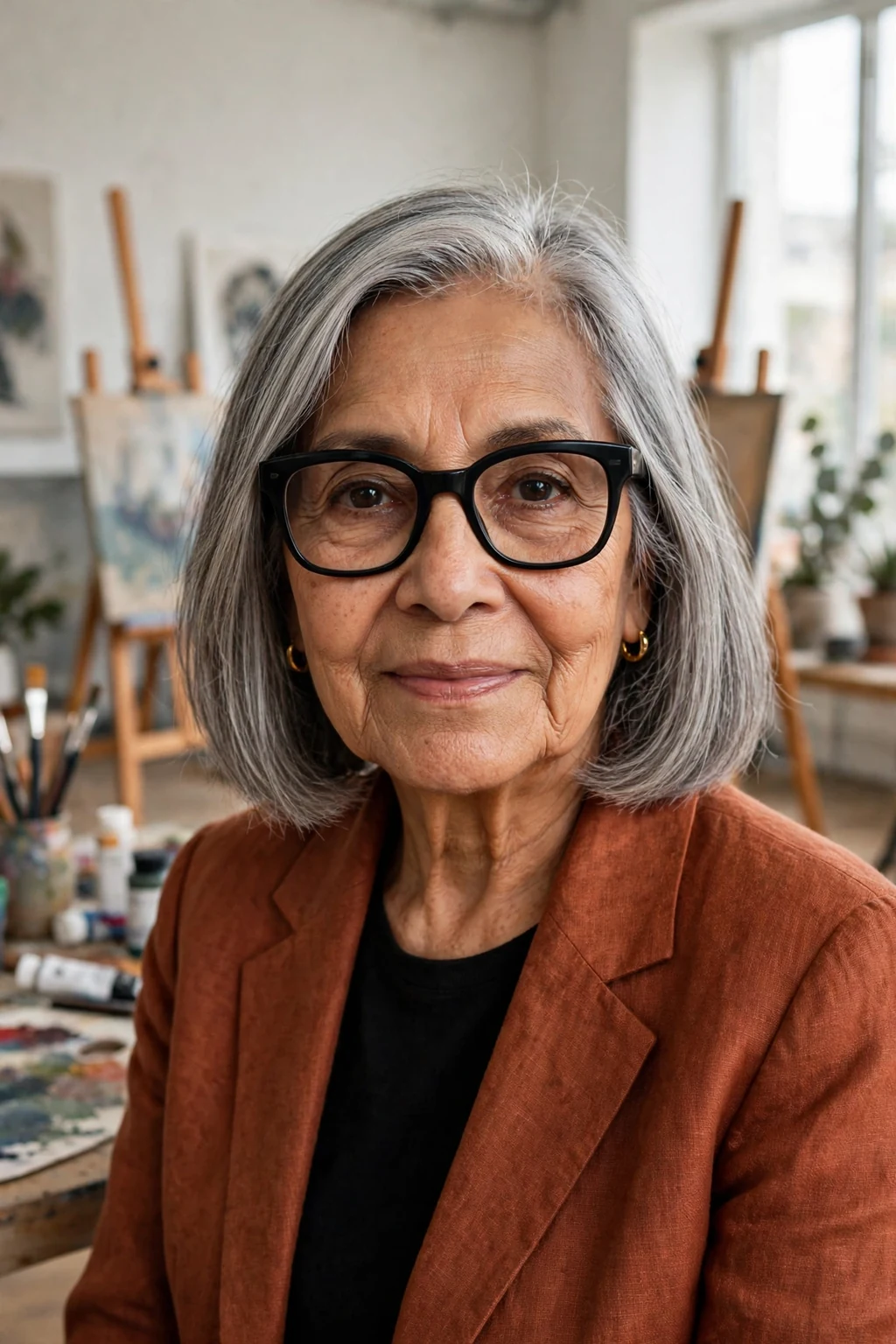 Elegant older woman over 70 with fine hair and glasses and blunt lob, sharp modern shoulder-length cut, bold light.