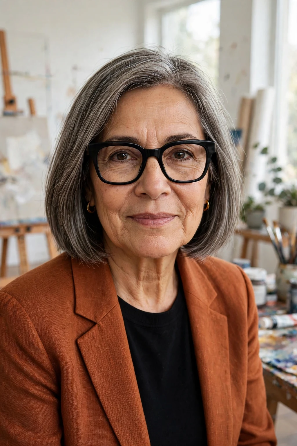 Elegant woman over 60 with fine hair and glasses and blunt lob, sharp modern shoulder-length cut, bold light.