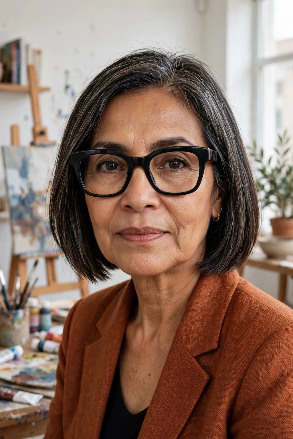 Elegant woman over 60 with fine hair and glasses and blunt lob, sharp modern shoulder-length cut, bold light.