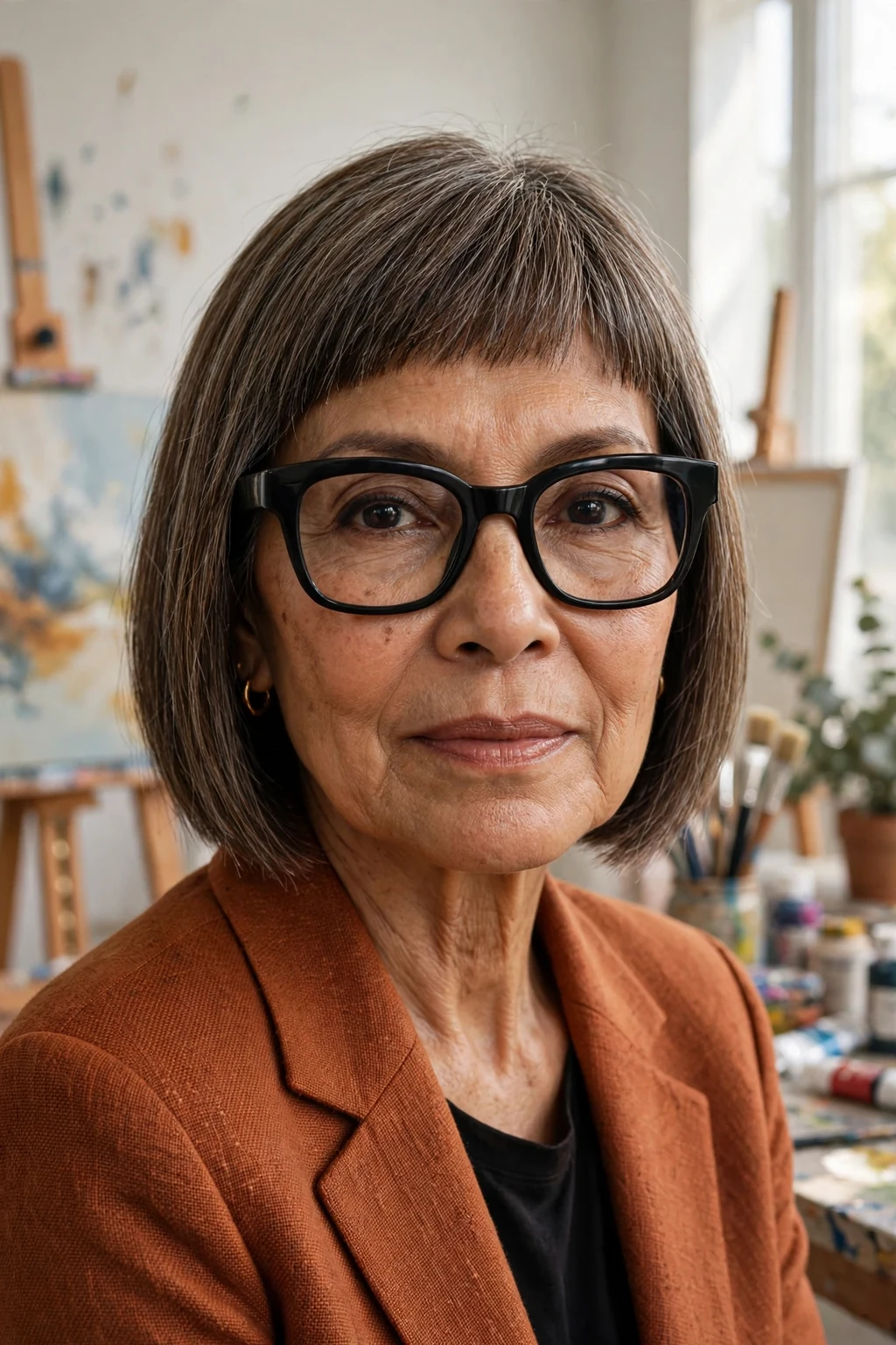 Elegant older woman with fine hair and glasses and blunt lob, sharp modern shoulder-length cut, bold light.
