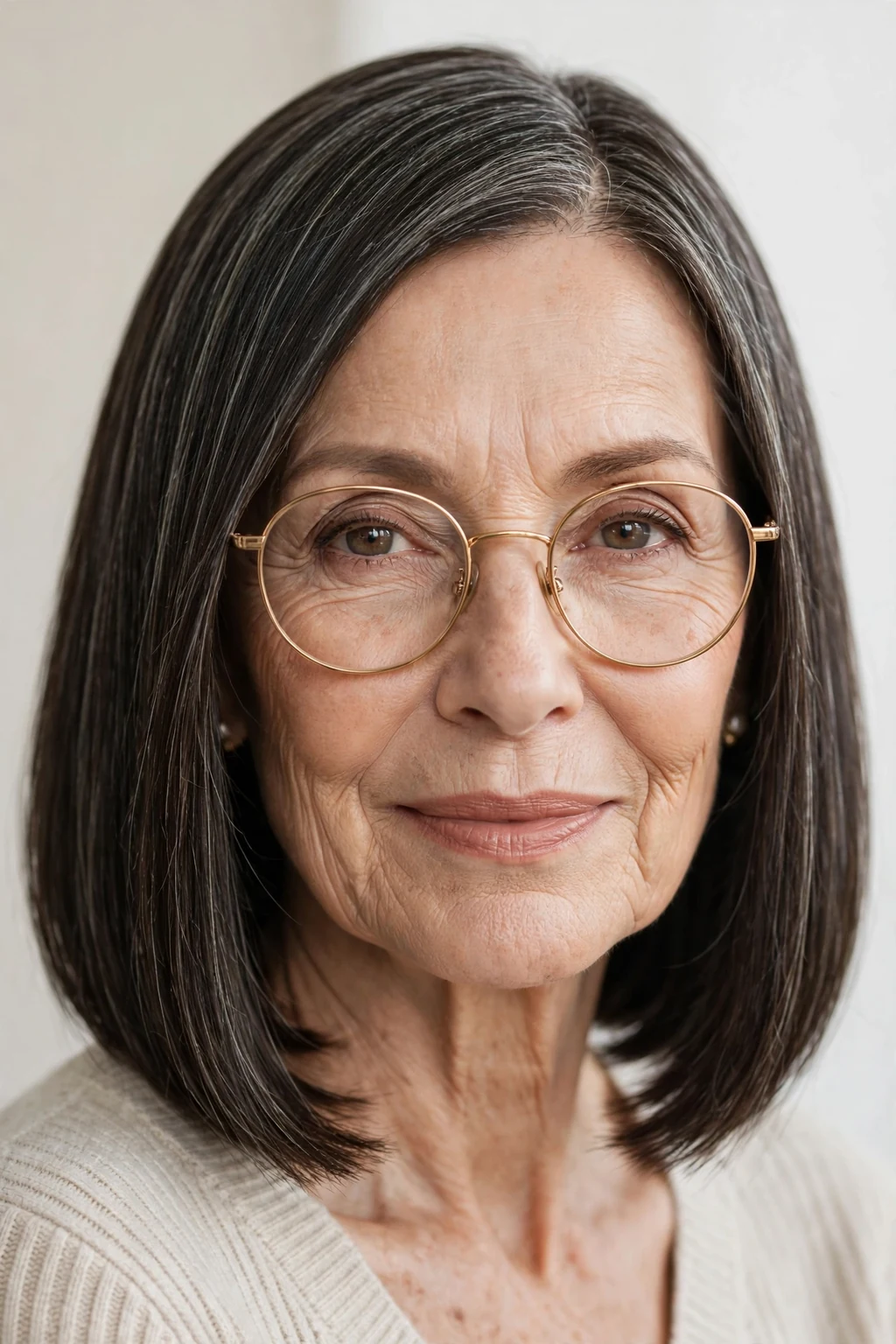 Elegant older woman with glasses and blunt lob, sharp modern shoulder-length cut, bold light.