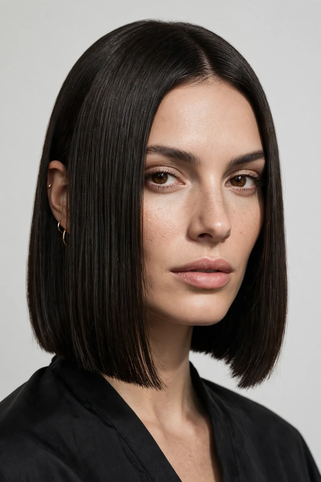 Woman with blunt lob, sharp clean ends, bold refined light.