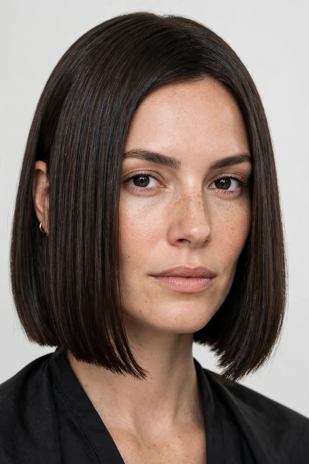Woman with blunt medium cut, sharp one-length ends, bold clean light.