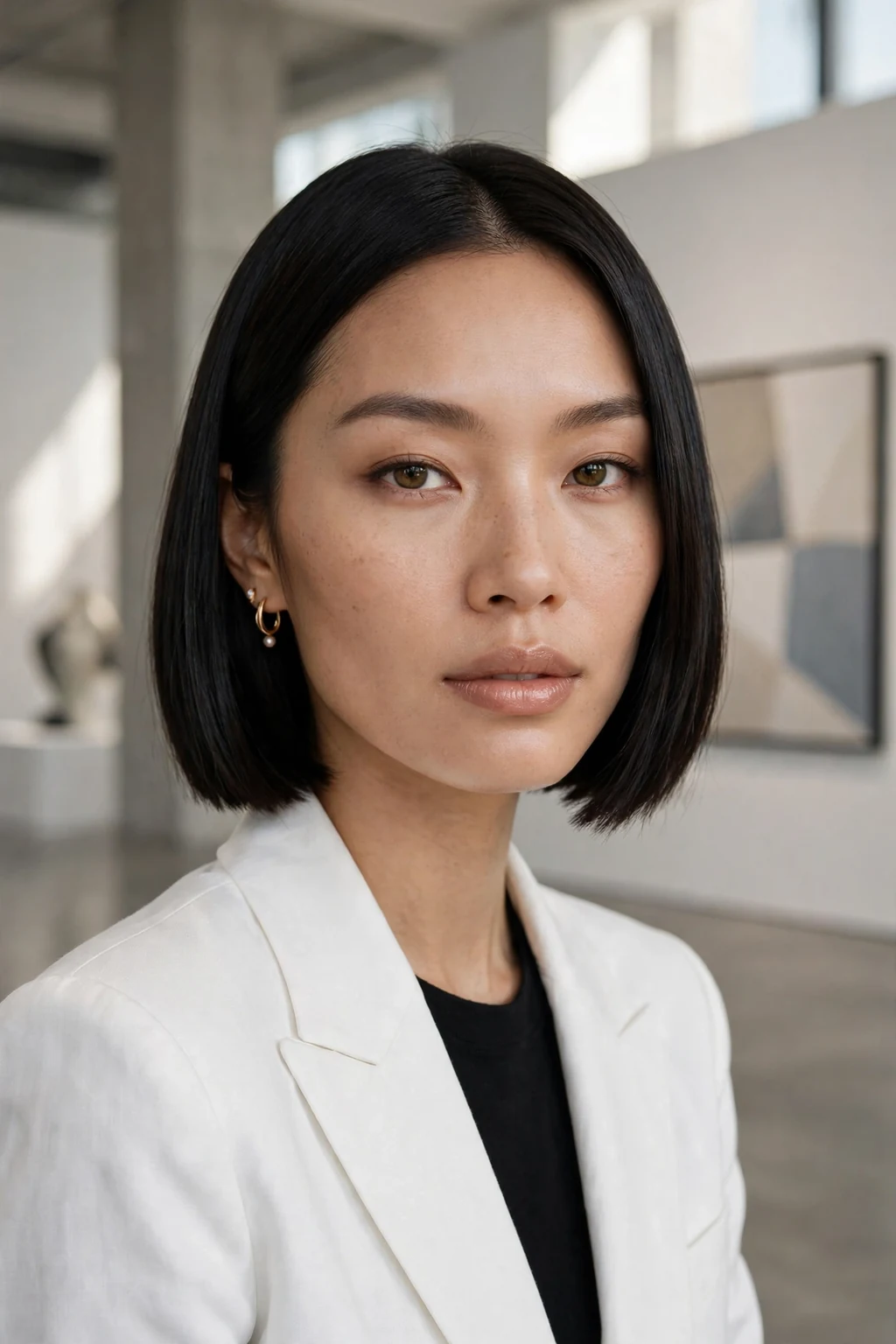 Beautiful woman with blunt old money bob, sharp blunt bob, refined light.