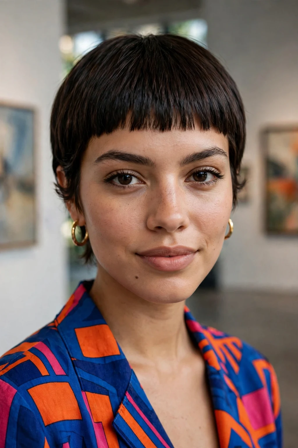 Beautiful woman with blunt pixie bangs, bold blunt pixie bangs, striking light.