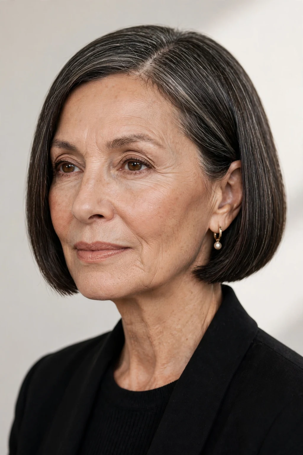 Elegant woman over 50 with blunt short bob, sharp clean ends, bold light.