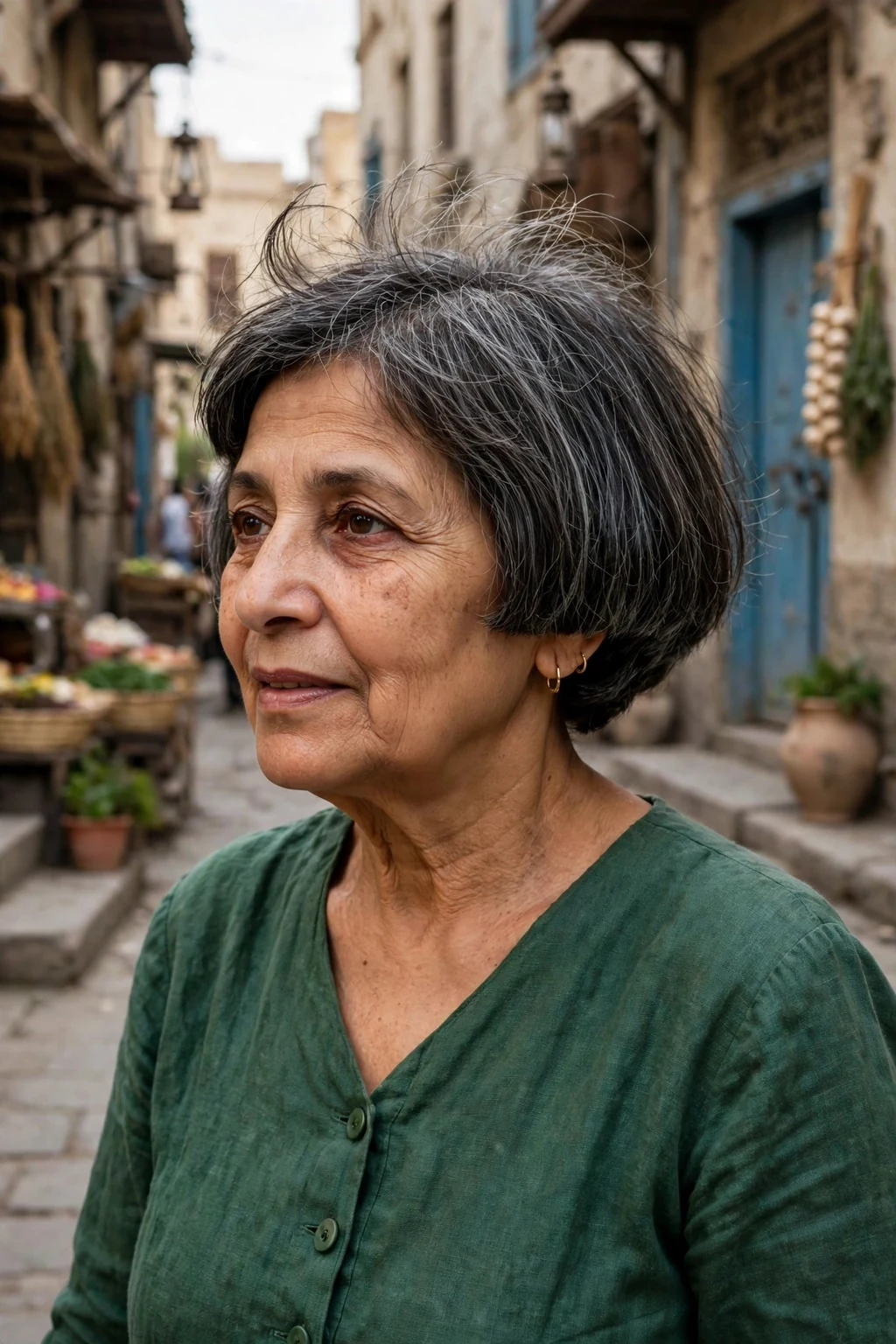 Mature woman over 50 with a blunt short bob with lifted roots haircut for fine thin hair, styled and full of volume.