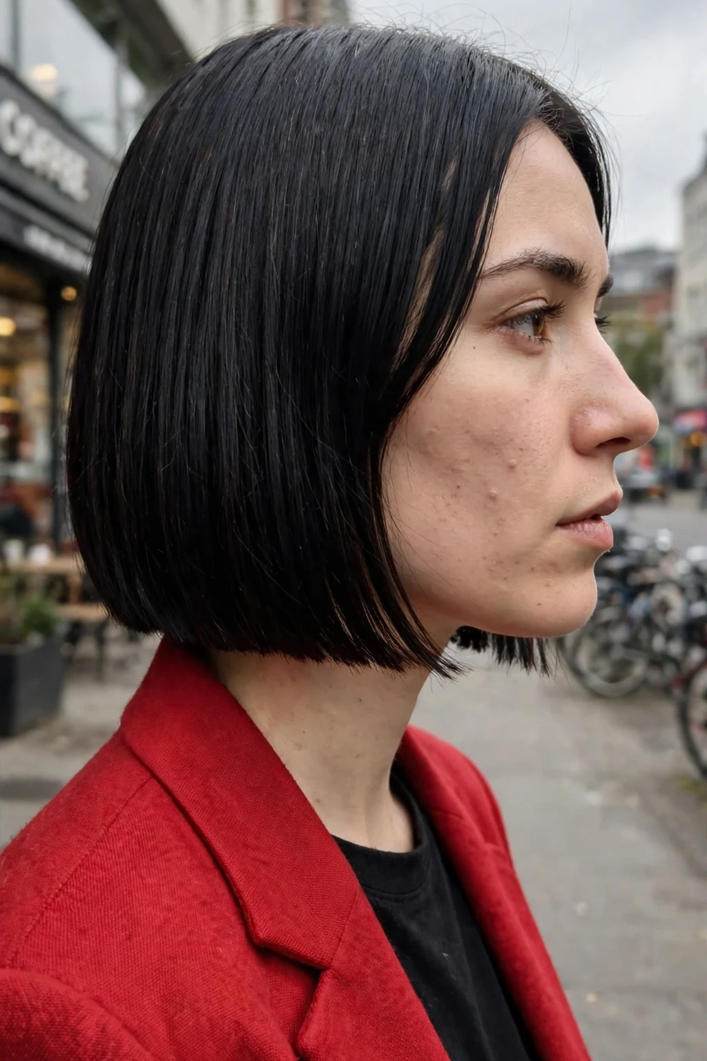 A young woman with a blunt spring bob with glossy shine, standing on a city street in a red blazer.