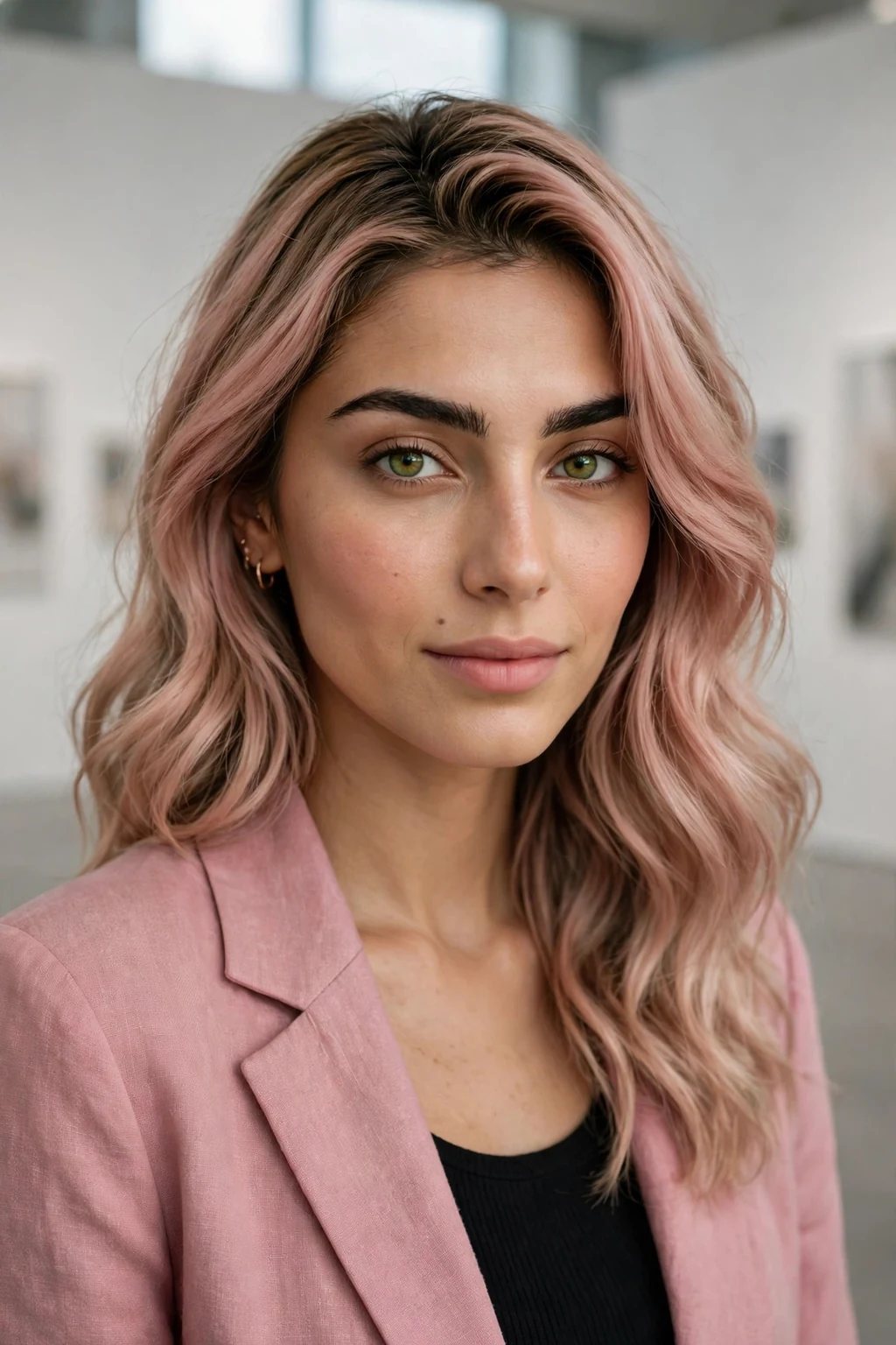 Young woman with blush rose blonde hair in soft waves, wearing a dusty pink blazer in an art gallery.