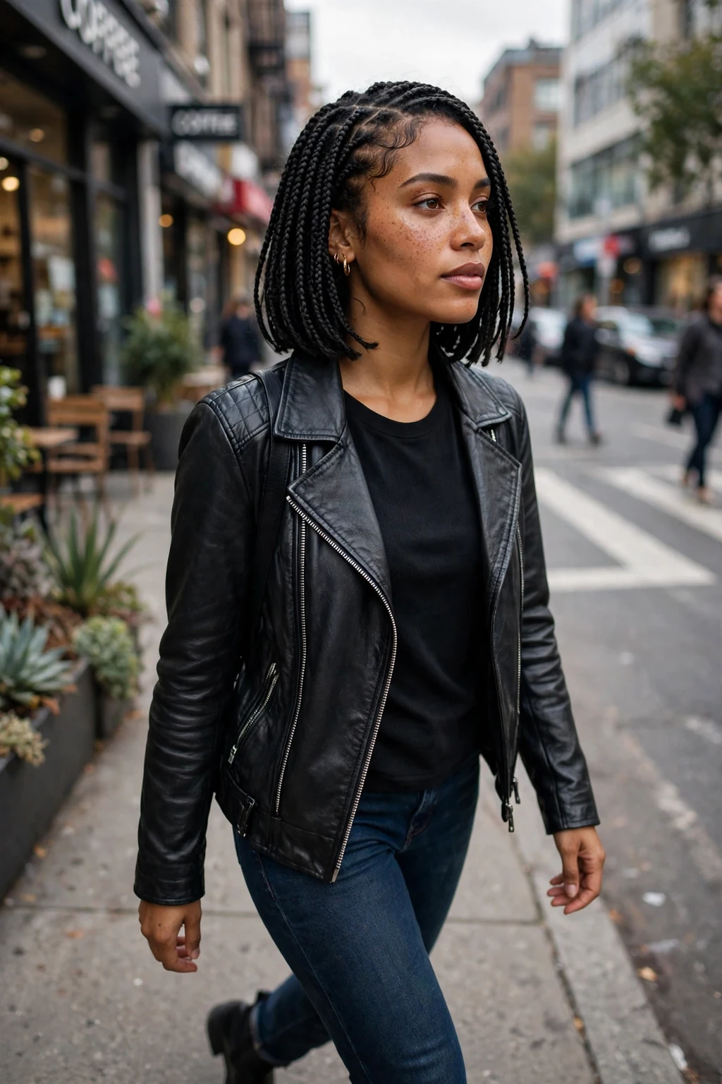 Young woman with bob-length knotless box braids, walking down a city street wearing a black leather jacket.