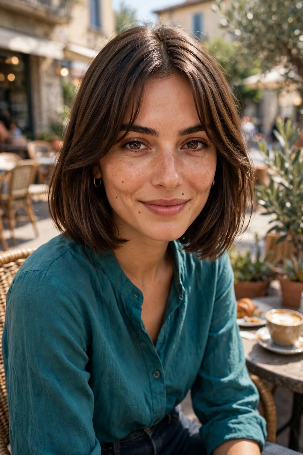 Young Italian woman with a bob and curtain bangs on a cafe terrace in a teal blouse.