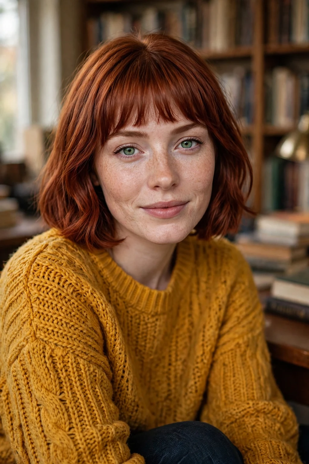 Young Irish woman with a bob and full bangs in a library wearing a mustard sweater.